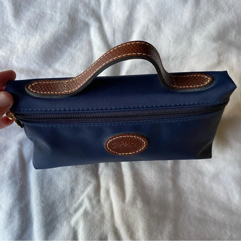 Longchamp Navy Blue Clutch with Brown Leather Trim - Picture 1 of 7